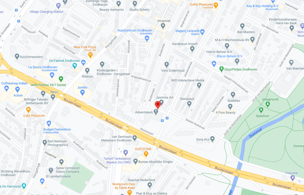Kaart met de ligging van de Adventskerk aan de Camphuysenstraat in Eindhoven